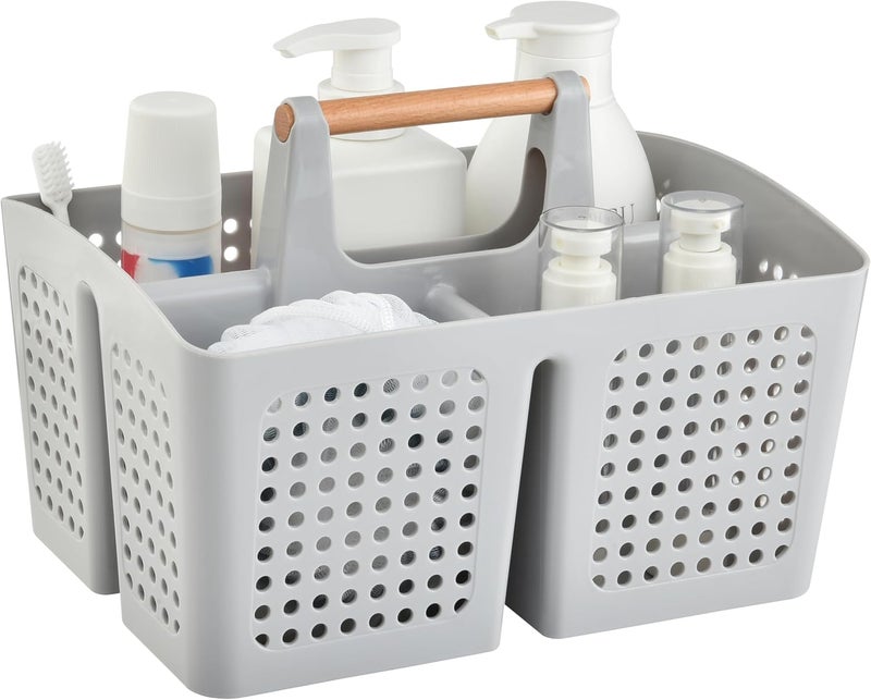 PAKCHOICE Portable Shower Caddy Basket with Compartments, Plastic Divided Cleaning Caddy Organizer Storage Tote with Handle for Bathroom, College, Dorm Room Essentials, Light Gray - Image 1